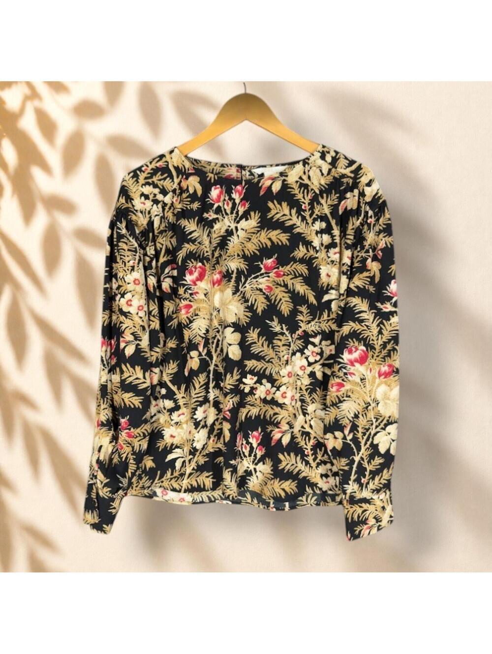 H&M Blouse Women L Large Black Floral Long Sleeve Hook & Eye Round Neck Casual